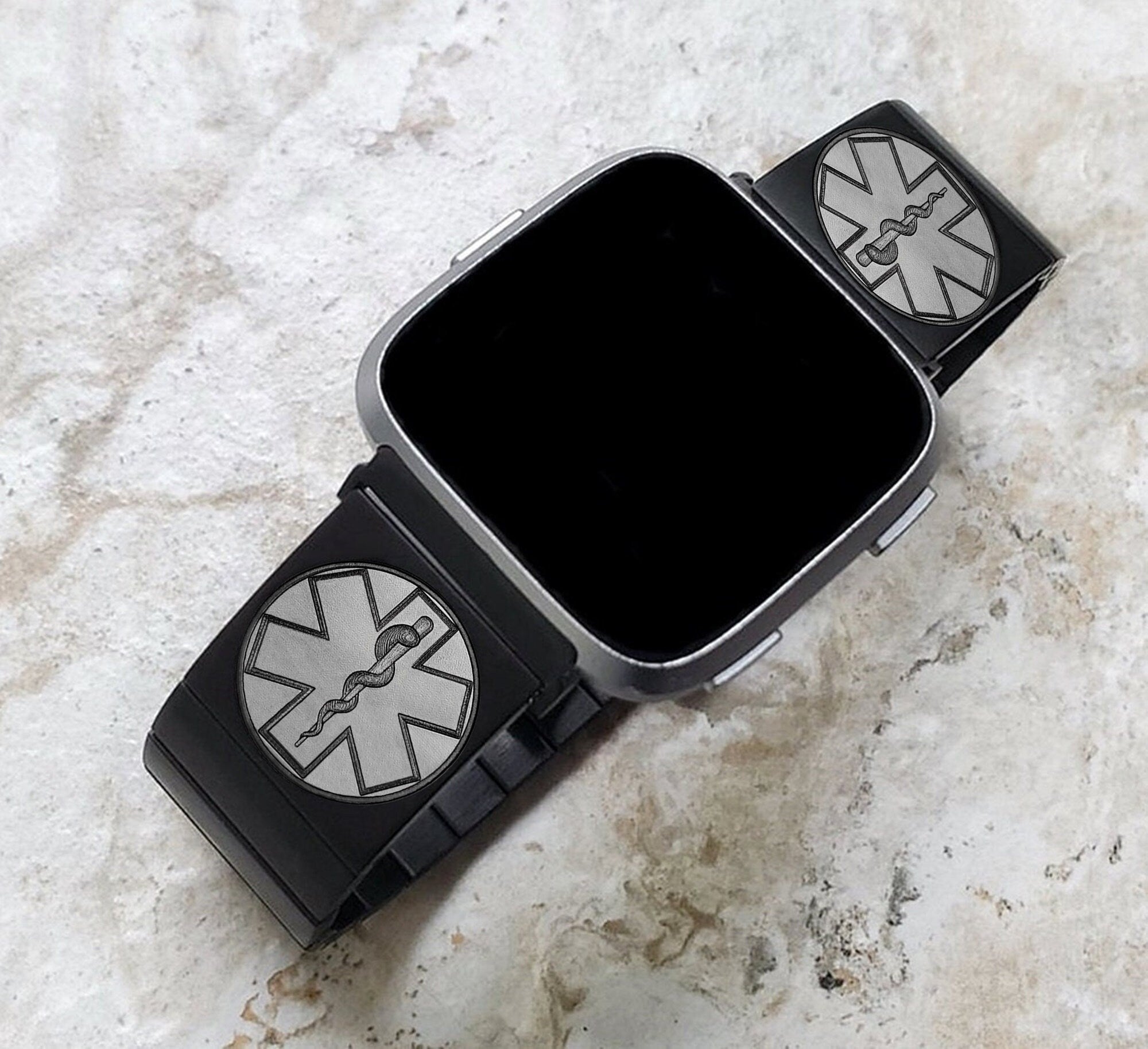 Engraved Watch Band Compatible with Fitbit Versa Lite 2 3 4 and Sense 2 Smartwatches Black Color Stainless Steel Bracelet Strap MS2